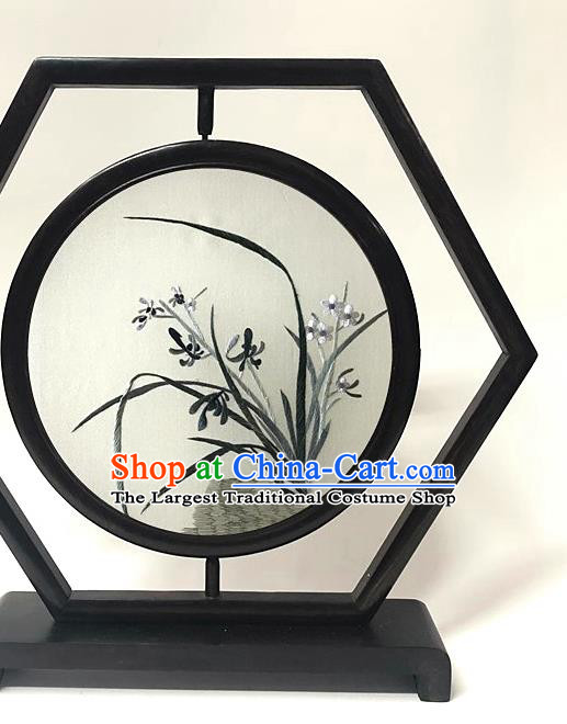 China Traditional Embroidery Orchids Craft Handmade Wenge Ornament Embroidered Table Screen