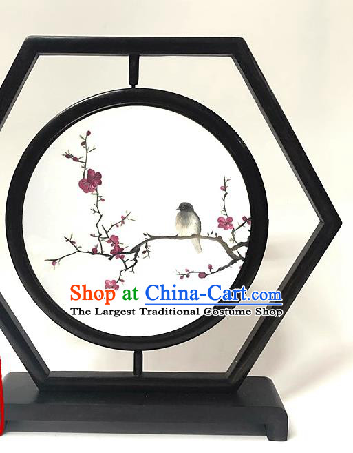 China Handmade Wenge Ornament Traditional Embroidery Plum Blossom Craft Embroidered Hexagon Table Screen