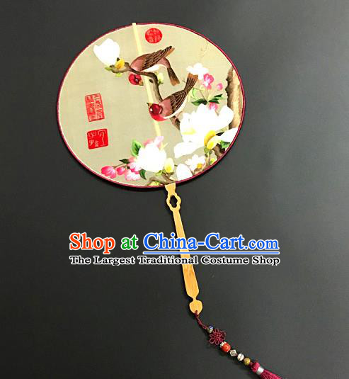 China Silk Circular Fan Traditional Suzhou Embroidery Hanfu Fan Handmade Embroidered Mangnolia Birds Palace Fan