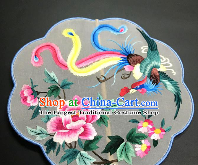 China Traditional Hanfu Fan Embroidered Phoenix Peony Silk Fan Handmade Palace Fan Suzhou Embroidery Craft