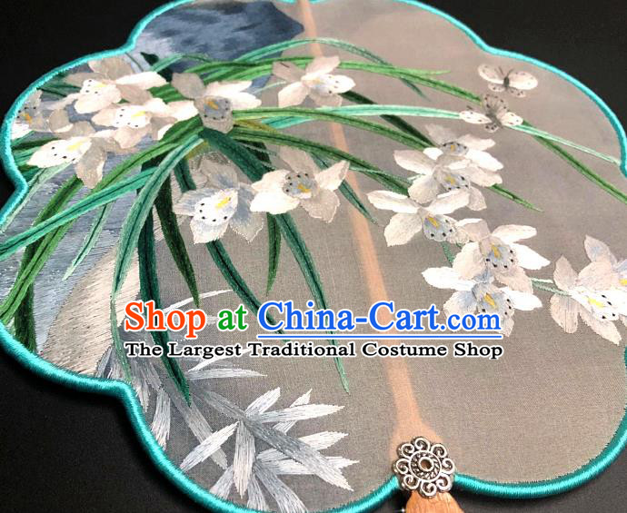 China Embroidered Orchids Silk Fan Handmade Palace Fan Suzhou Embroidery Craft Traditional Hanfu Fan