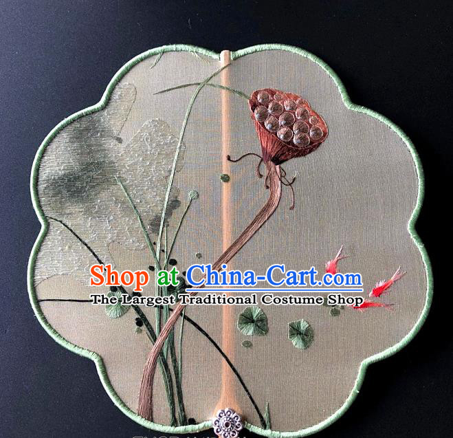 China Suzhou Embroidery Craft Handmade Palace Fan Traditional Hanfu Fan Embroidered Lotus Seedpod Silk Fan