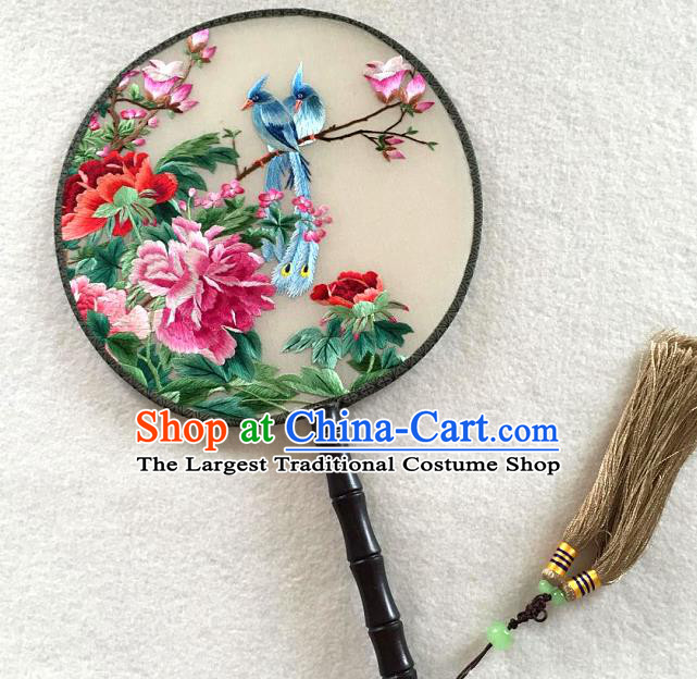 China Traditional Handmade Palace Fan Embroidered Peony Bird Silk Fan Hanfu Circular Fan