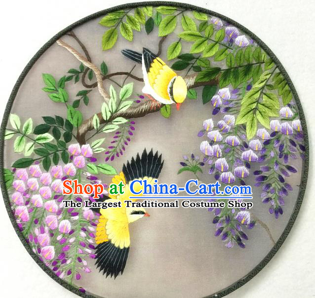 China Handmade Embroidered Wisteria Birds Palace Fan Traditional Hanfu Circular Fan Silk Fan