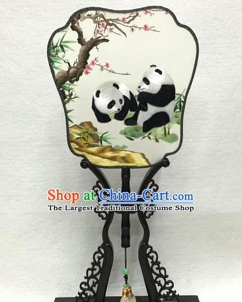 China Handmade Classical Dance Silk Fan Embroidered Plum Panda Palace Fan Traditional Court Hanfu Fan