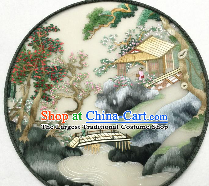 Handmade China Silk Fan Traditional Hanfu Circular Fan Embroidered Waterside Pavilion Palace Fan