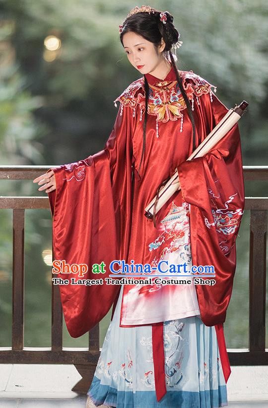 China Ancient Ming Dynasty Royal Princess Historical Clothing Traditional Hanfu Red Gown and Skirt Full Set