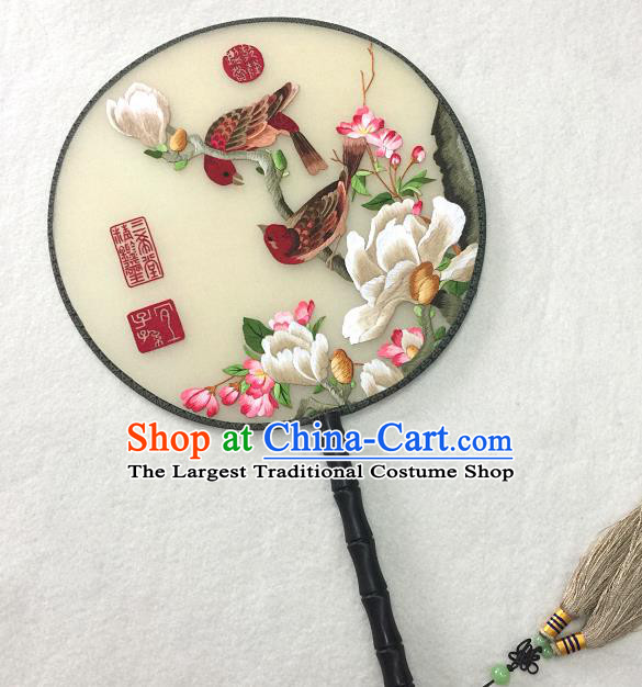 Handmade China Traditional Hanfu Circular Fan Embroidered Mangnolia Palace Fan Silk Fan