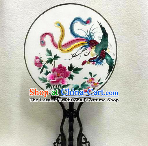 Handmade Embroidered Phoenix Peony Silk Fan China Palace Fan Traditional Hanfu Circular Fan