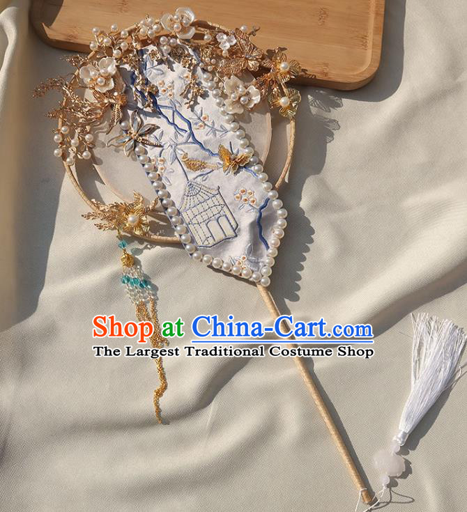 China Traditional Bride Golden Plum Fan Classical Dance Circular Fan Handmade Wedding Embroidered Palace Fan