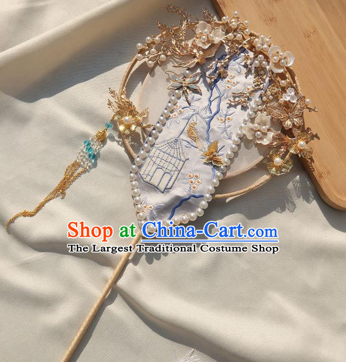 China Traditional Bride Golden Plum Fan Classical Dance Circular Fan Handmade Wedding Embroidered Palace Fan