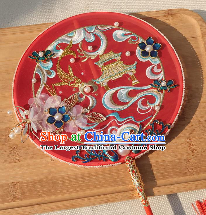 China Handmade Wedding Embroidered Palace Fan Classical Dance Circular Fan Traditional Bride Blueing Phoenix Silk Fan
