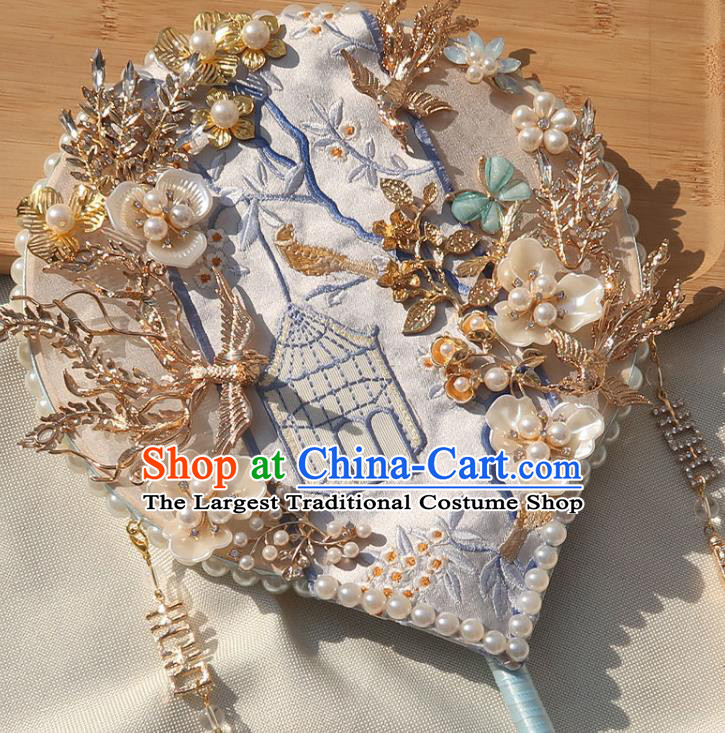 China Handmade Wedding Embroidered Beads Palace Fan Traditional Bride Fan Classical Dance Shell Flowers Circular Fan
