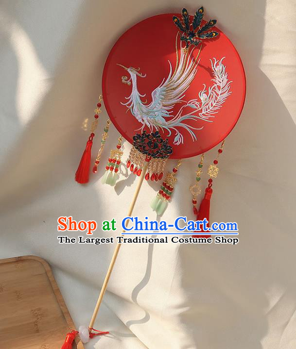 China Handmade Wedding Red Tassel Palace Fan Traditional Bride Embroidered Phoenix Circular Fan Classical Dance Silk Fan
