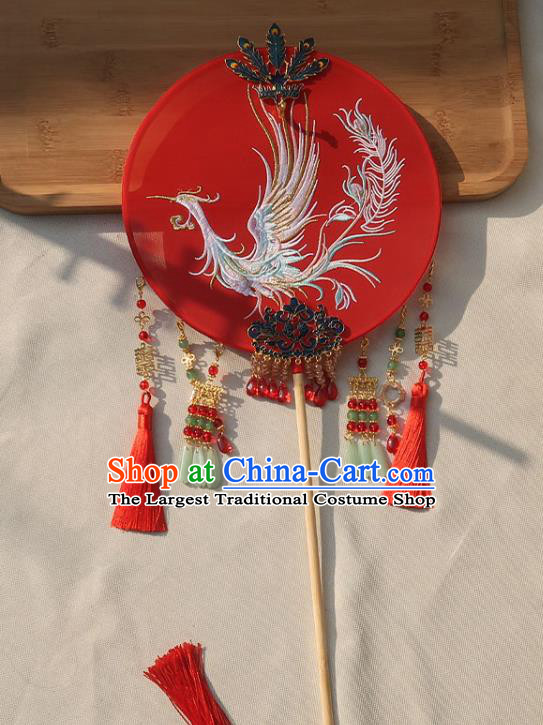 China Handmade Wedding Red Tassel Palace Fan Traditional Bride Embroidered Phoenix Circular Fan Classical Dance Silk Fan