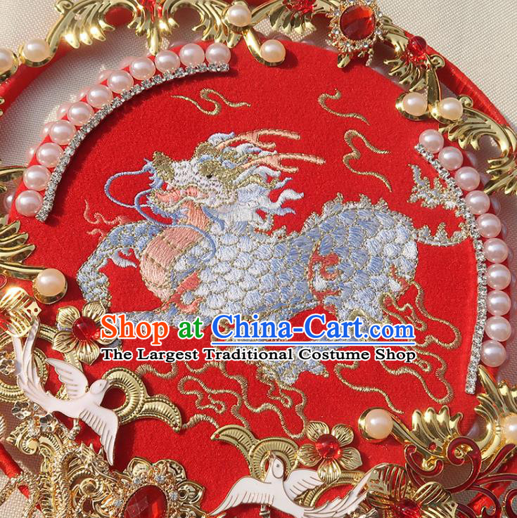 China Traditional Bride Embroidered Kylin Circular Fan Classical Dance Silk Fan Handmade Wedding Red Palace Fan