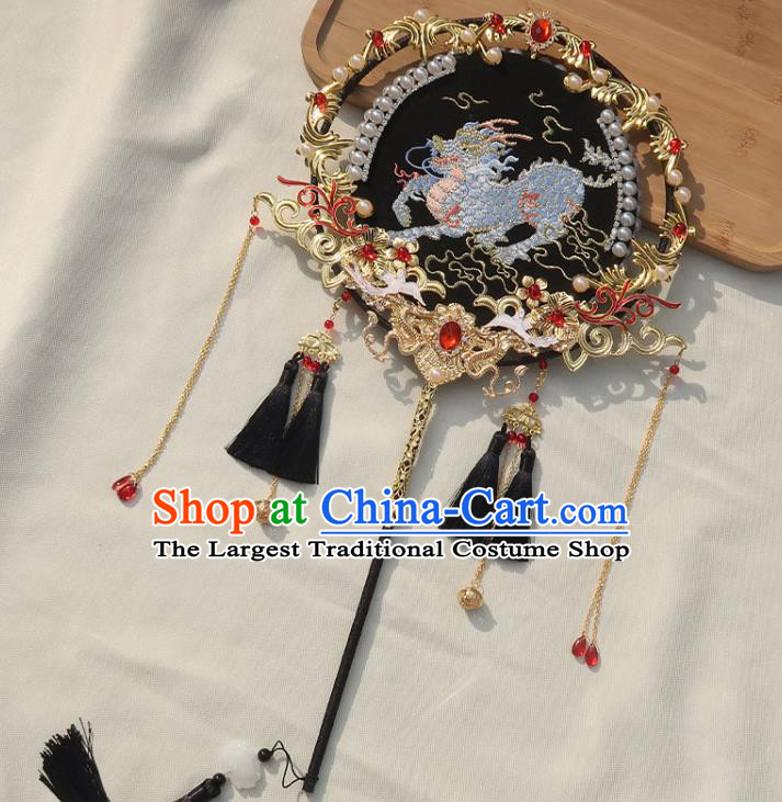 China Classical Dance Black Silk Fan Traditional Wedding Embroidered Kylin Circular Fan Handmade Bride Palace Fan