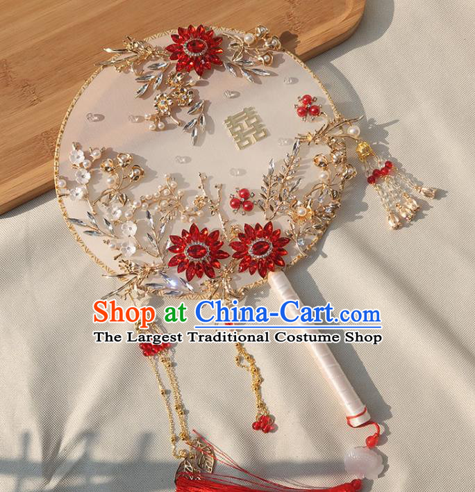 China Handmade Wedding Red Crystal Flowers Palace Fan Classical Dance Circular Fan Traditional Bride Pearls Silk Fan