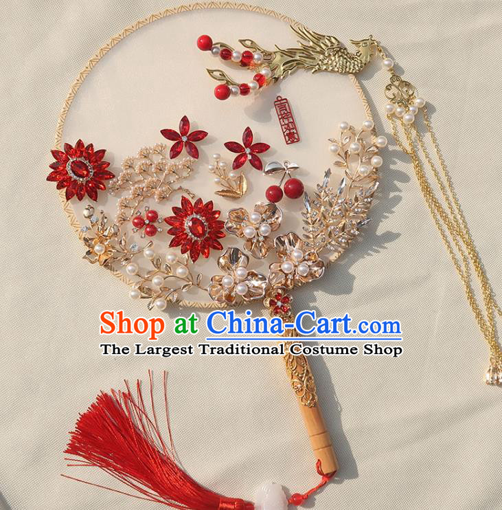China Classical Dance Golden Phoenix Tassel Silk Fan Traditional Wedding Pearls Circular Fan Handmade Bride Red Crystal Palace Fan
