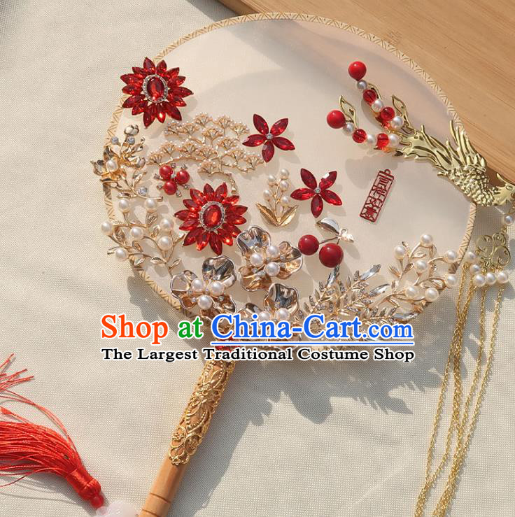 China Classical Dance Golden Phoenix Tassel Silk Fan Traditional Wedding Pearls Circular Fan Handmade Bride Red Crystal Palace Fan