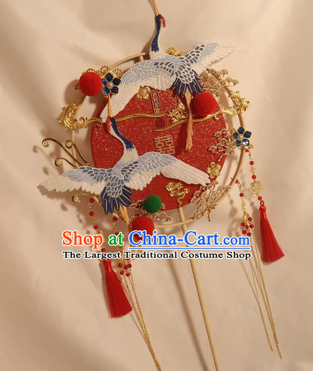 China Handmade Bride Palace Fan Classical Dance Red Circular Fan Traditional Wedding Embroidered Crane Fan