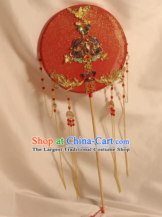China Classical Dance Cloisonne Butterfly Circular Fan Handmade Bride Palace Fan Traditional Wedding Golden Phoenix Tassel Fan
