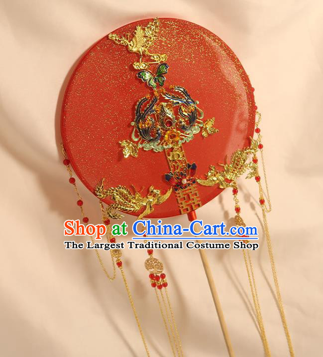 China Classical Dance Cloisonne Butterfly Circular Fan Handmade Bride Palace Fan Traditional Wedding Golden Phoenix Tassel Fan
