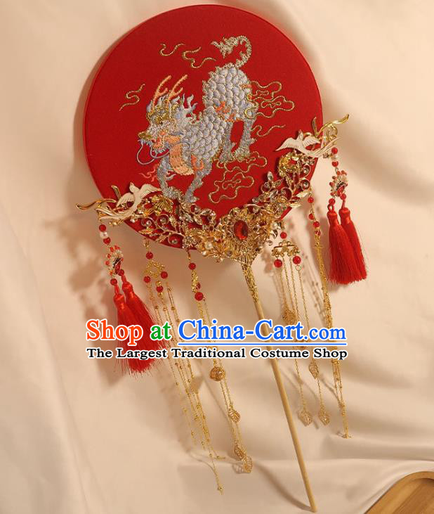 China Classical Dance Embroidered Kylin Circular Fan Handmade Bride Palace Fan Traditional Wedding Red Fan