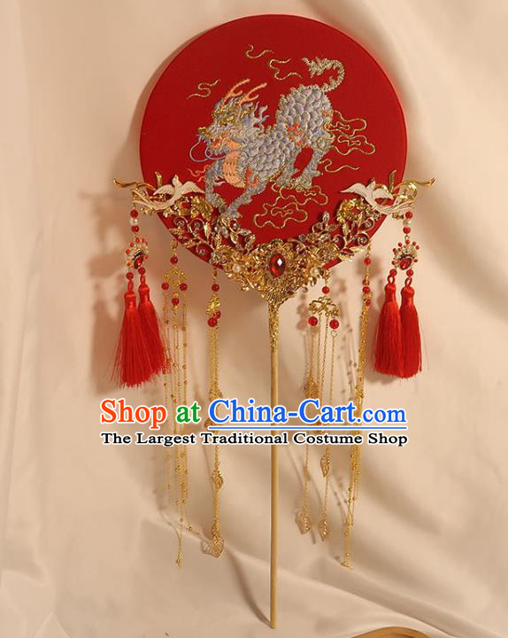 China Classical Dance Embroidered Kylin Circular Fan Handmade Bride Palace Fan Traditional Wedding Red Fan