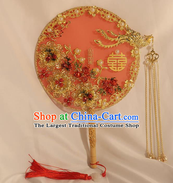 China Handmade Bride Golden Phoenix Palace Fan Traditional Wedding Circular Fan Classical Dance Pomegranate Fan