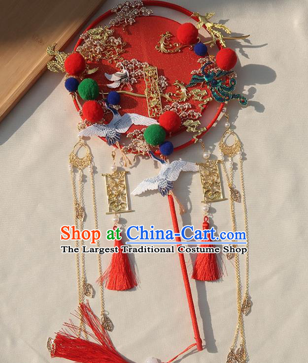 China Classical Dance Red Silk Fan Traditional Wedding Embroidered Crane Circular Fan Handmade Bride Golden Tassel Palace Fan