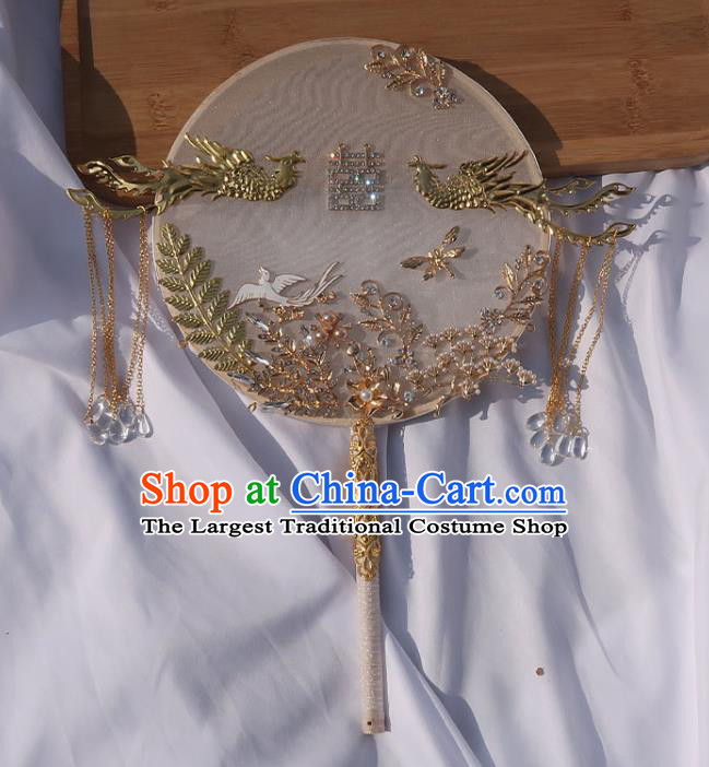 China Classical Dance Golden Phoenix Fan Handmade Bride Palace Fan Traditional Wedding White Silk Circular Fan