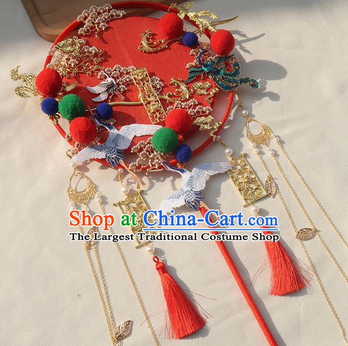 China Classical Dance Red Silk Fan Traditional Wedding Embroidered Crane Circular Fan Handmade Bride Golden Tassel Palace Fan