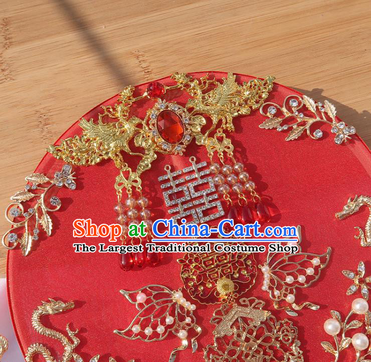 China Classical Dance Silk Fan Handmade Bride Palace Fan Traditional Wedding Red Ribbon Circular Fan
