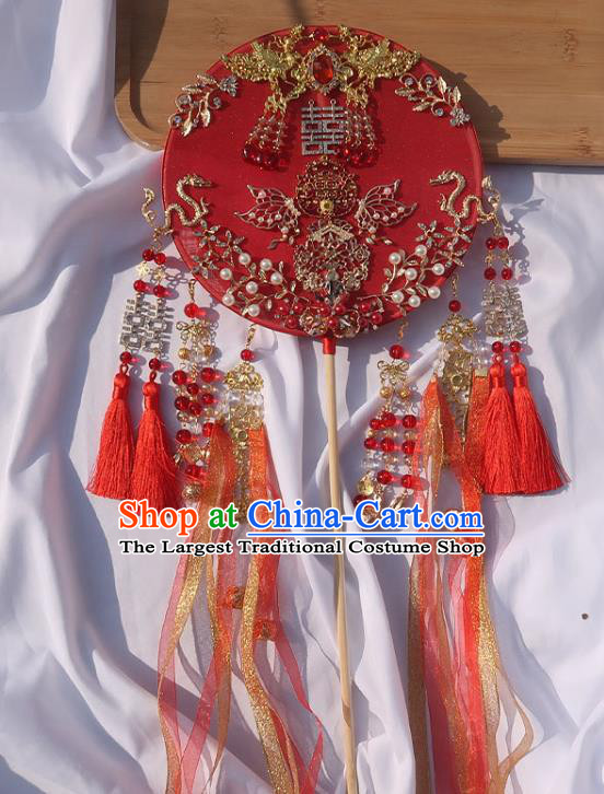 China Classical Dance Silk Fan Handmade Bride Palace Fan Traditional Wedding Red Ribbon Circular Fan