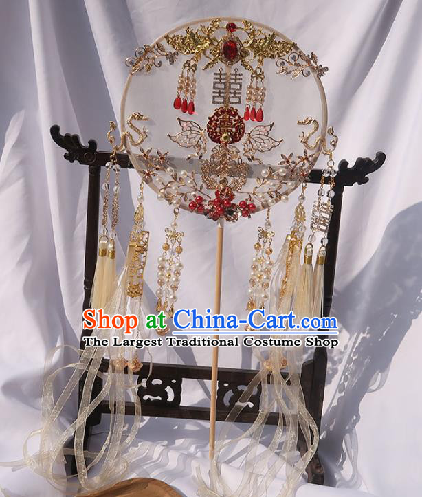 China Traditional Wedding Beige Ribbon Circular Fan Classical Dance Silk Fan Handmade Bride Palace Fan