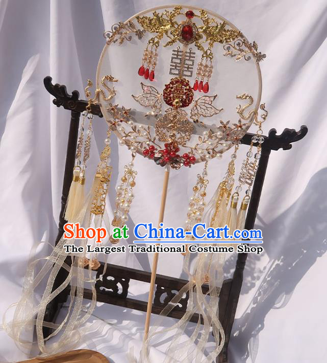 China Traditional Wedding Beige Ribbon Circular Fan Classical Dance Silk Fan Handmade Bride Palace Fan