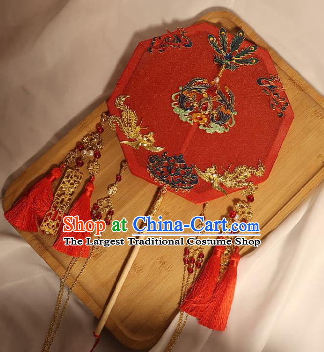 China Traditional Wedding Red Tassel Octagon Fan Classical Dance Silk Fan Handmade Bride Blueing Phoenix Palace Fan