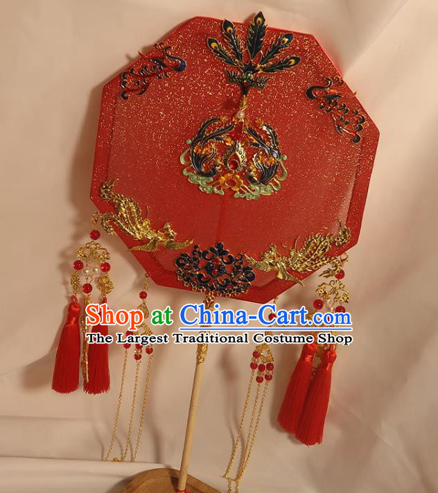 China Traditional Wedding Red Tassel Octagon Fan Classical Dance Silk Fan Handmade Bride Blueing Phoenix Palace Fan