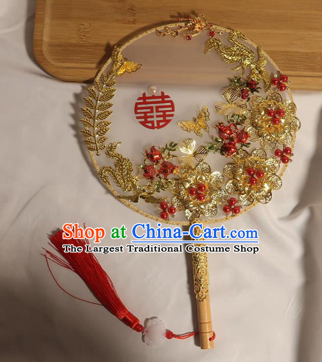 China Classical Dance White Silk Fan Handmade Bride Palace Fan Traditional Wedding Golden Peony Circular Fan