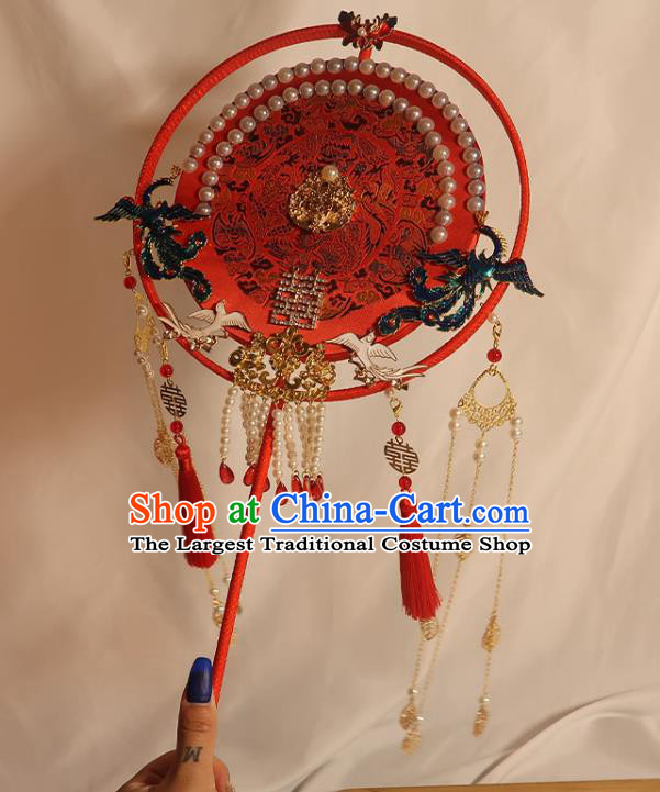 China Traditional Wedding Embroidered Red Fan Handmade Bride Palace Fan Classical Dance Pearls Fan