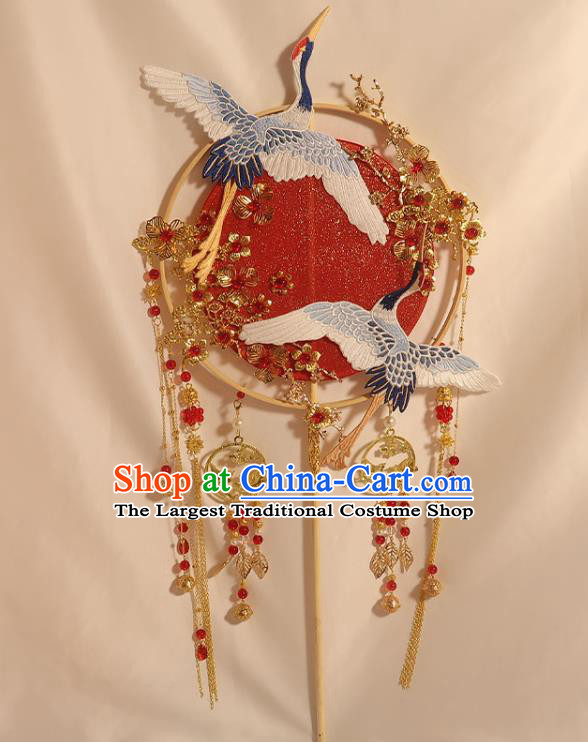 China Traditional Wedding Embroidered Crane Circular Fan Handmade Bride Palace Fan Classical Dance Red Silk Fan