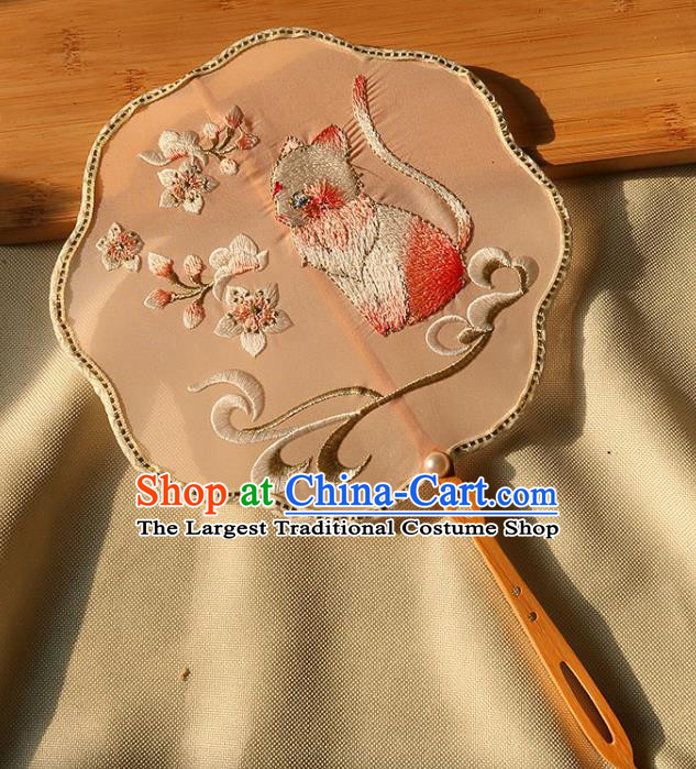 China Traditional Ancient Princess Embroidered Cat Circular Fan Handmade Hanfu Fan Bride Palace Fan