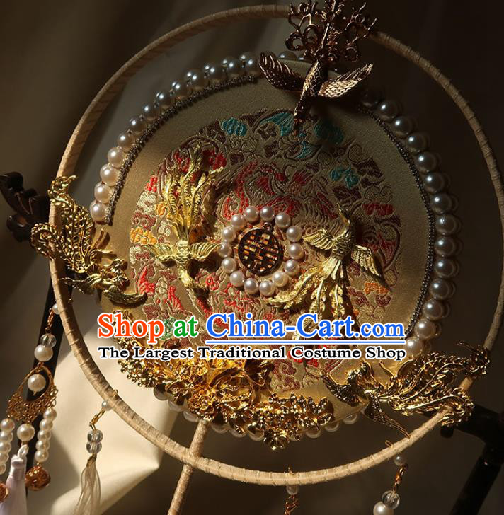 China Ancient Princess Circular Fan Traditional Golden Phoenix Palace Fan Handmade Hanfu Light Yellow Silk Fan