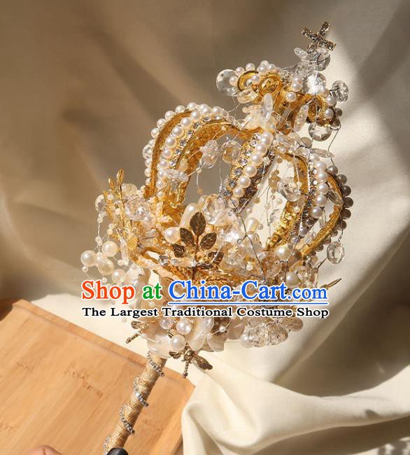 Top Grade Baroque Queen Golden Royal Crown Sceptre Wedding Bridal Bouquet Handmade Bride Shell Flowers Cane