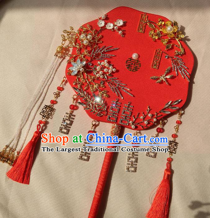 China Ancient Princess Crystal Flowers Fan Handmade Hanfu Red Silk Fan Traditional Wedding Palace Fan