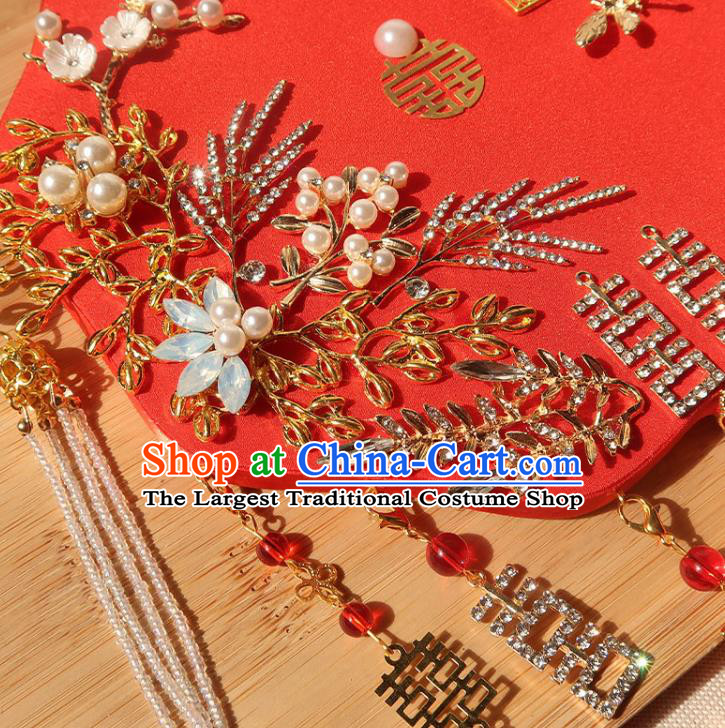 China Ancient Princess Crystal Flowers Fan Handmade Hanfu Red Silk Fan Traditional Wedding Palace Fan
