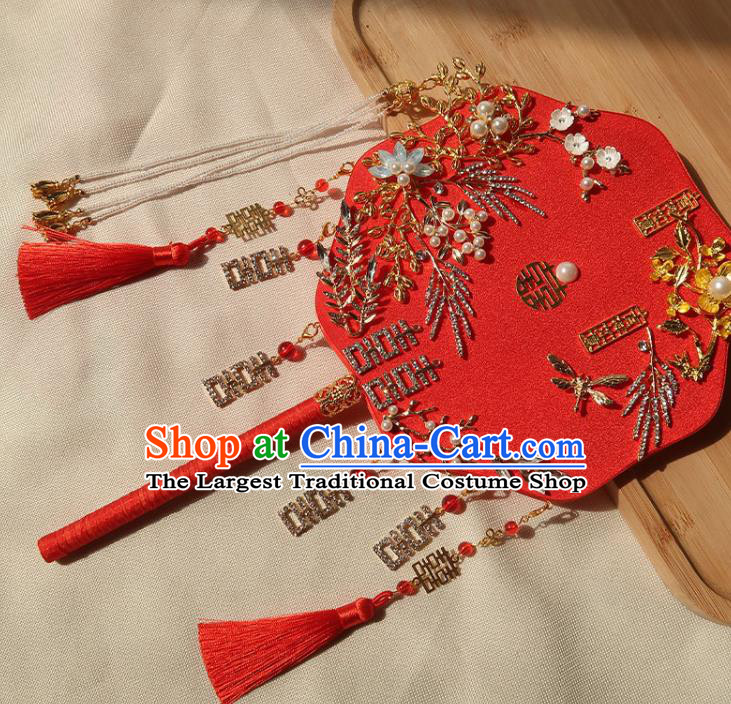 China Ancient Princess Crystal Flowers Fan Handmade Hanfu Red Silk Fan Traditional Wedding Palace Fan