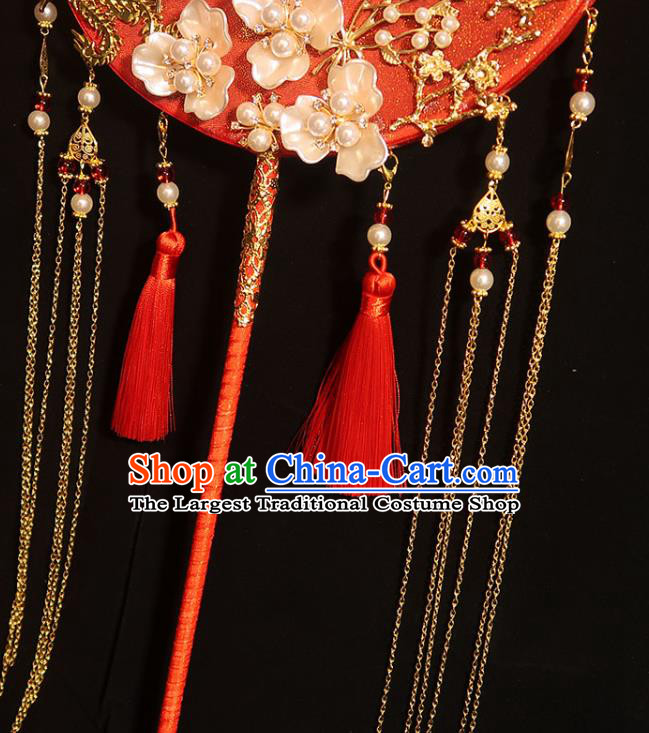 China Traditional Wedding Silk Fan Classical Dance Red Tassel Circular Fan Handmade Bride Shell Plum Palace Fan