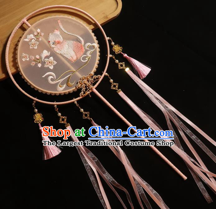 China Traditional Wedding Pink Silk Fan Classical Dance Embroidered Cat Circular Fan Handmade Bride Ribbon Tassel Palace Fan